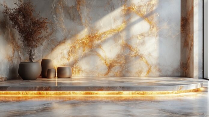 Elegant interior design featuring marble textures and natural light in modern space.